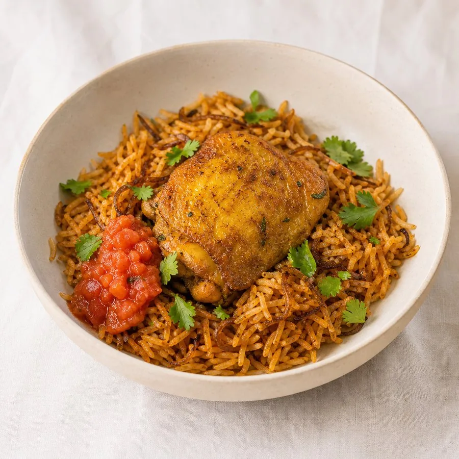 Emirati Chicken Machboos with daqoos tomato sauce