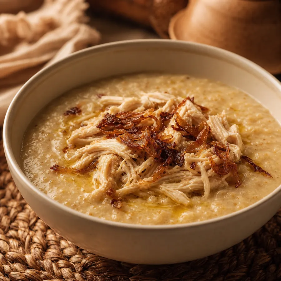 Emirati Harees Chicken Porridge with caramelized onion