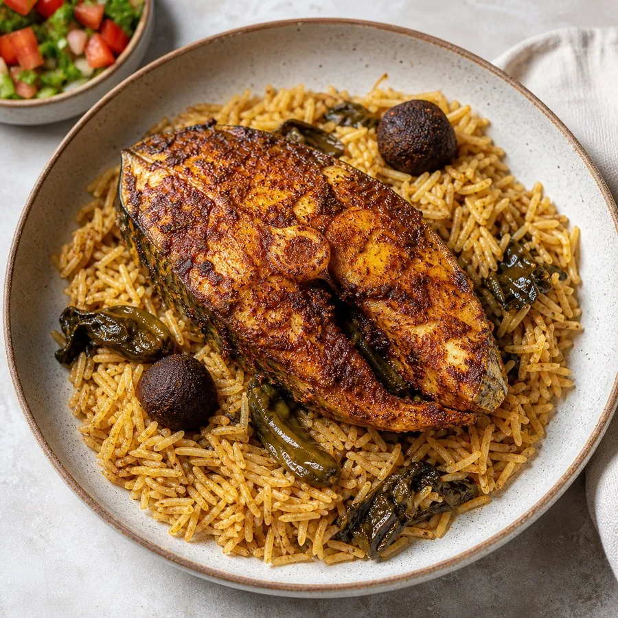 Emirati Jasheed Spiced Fish with Rice, finished dish