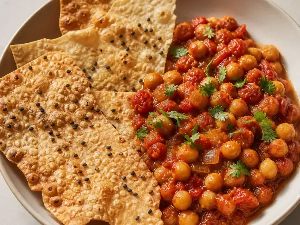 Emirati Regag Chips with Chickpea Tomato Stew, finished dish