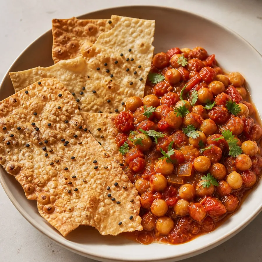 Emirati Regag Chips with Chickpea Tomato Stew, finished dish