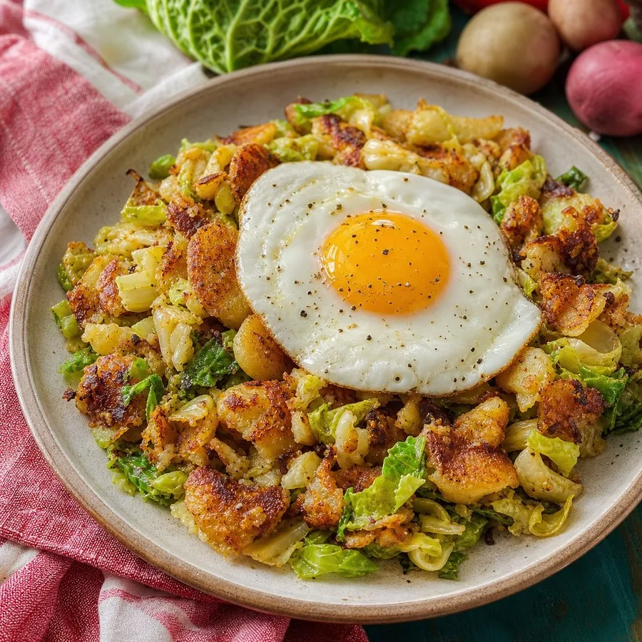 English Bubble and Squeak with Fried Egg, finished dish
