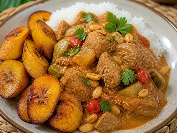 Equatoguinean Peanut Chicken with Plantains, plated as a finished dinner