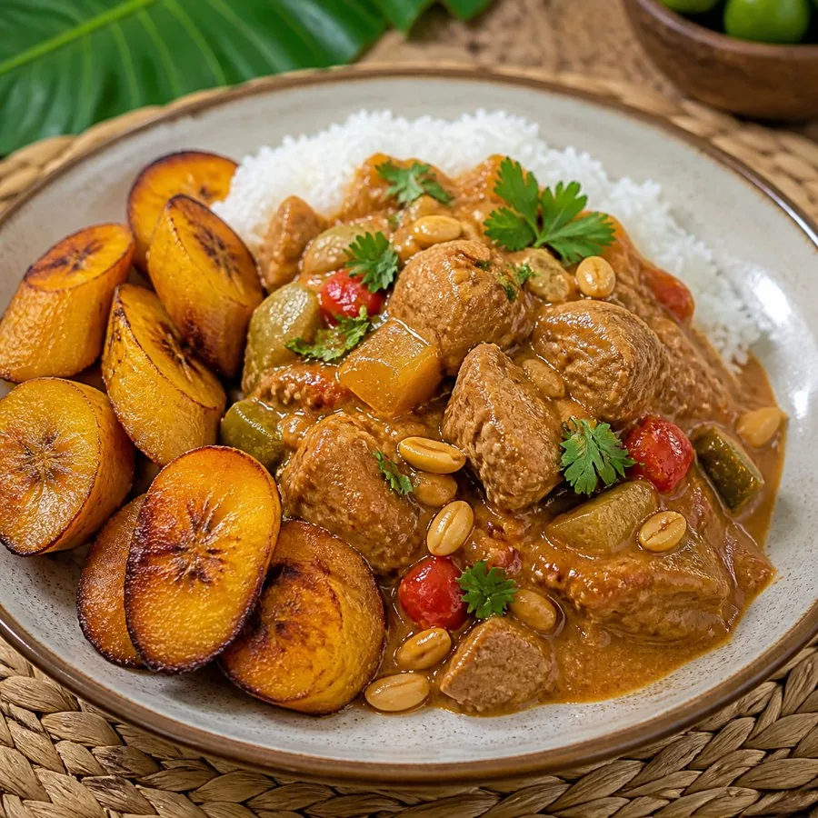Equatoguinean Peanut Chicken with Plantains, plated as a finished dinner