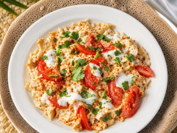 Eritrean Fitfit Tomato Yogurt Salad, plated as a finished dinner