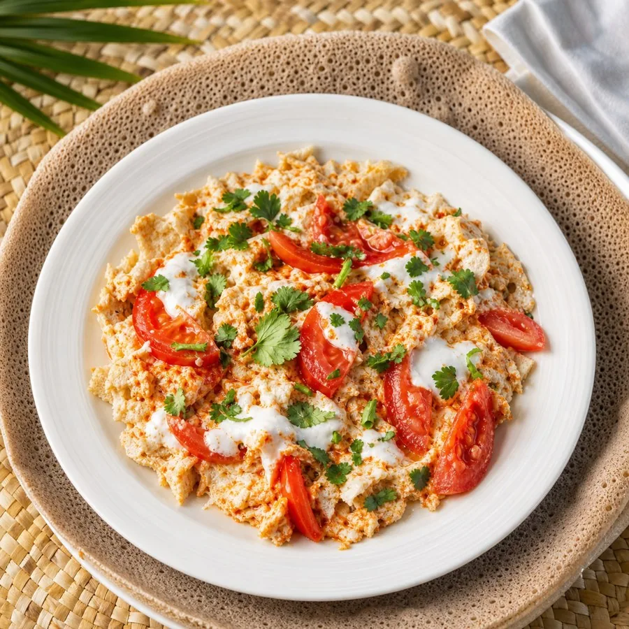 Eritrean Fitfit Tomato Yogurt Salad, plated as a finished dinner