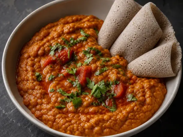 Eritrean Shiro with tomatoes and folded injera