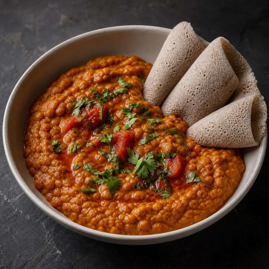 Eritrean Shiro with tomatoes and folded injera