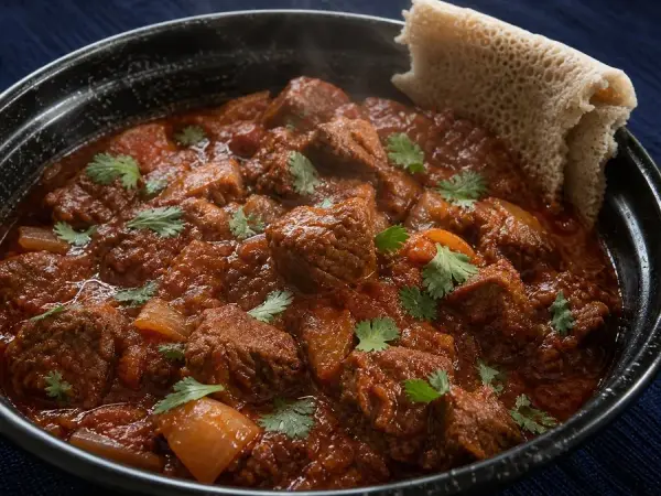 Eritrean Zigni beef stew with injera in a black bowl