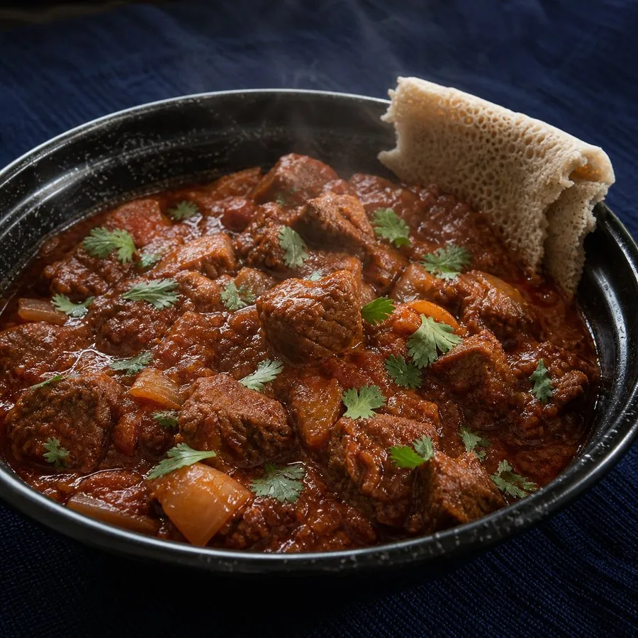 Eritrean Zigni beef stew with injera in a black bowl