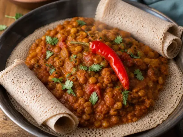 Eritrean Zigni Lentil Stew, plated as a finished dinner