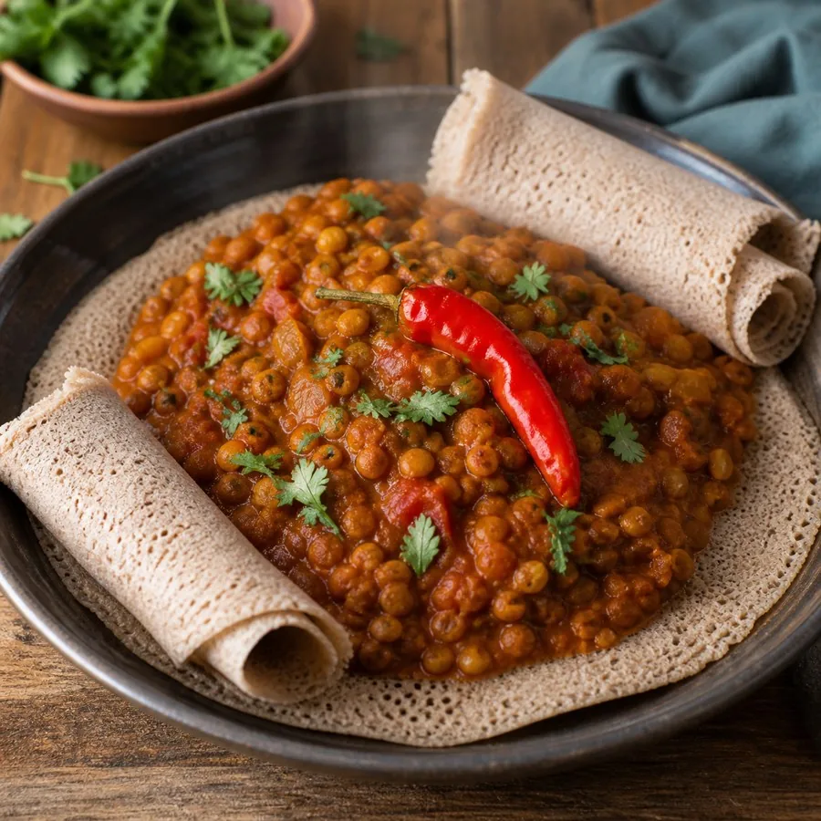Eritrean Zigni Lentil Stew, plated as a finished dinner