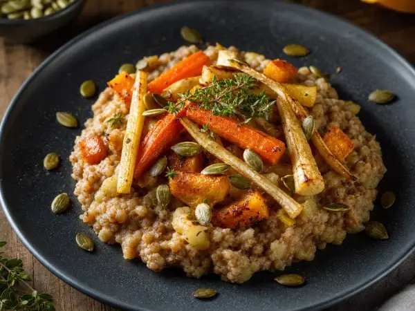 Estonian Mulgipuder with Roasted Root Vegetables, plated and ready to serve