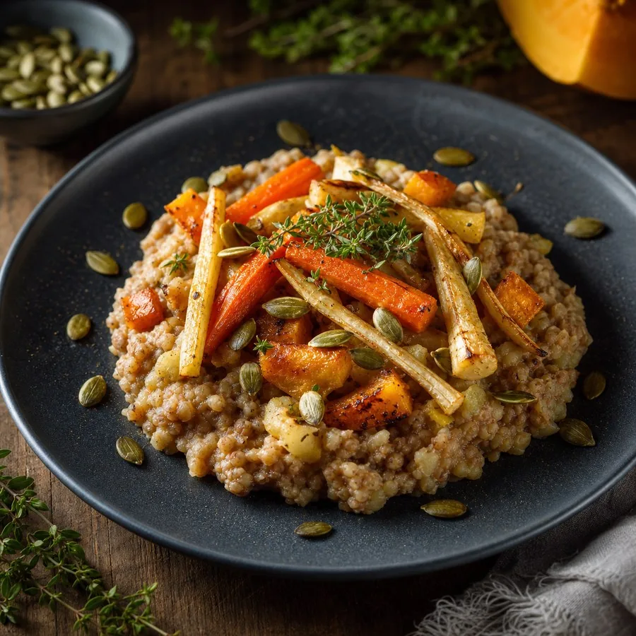 Estonian Mulgipuder with Roasted Root Vegetables, plated and ready to serve