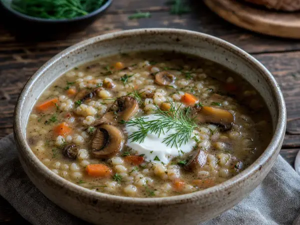 Estonian mushroom barley soup with dill