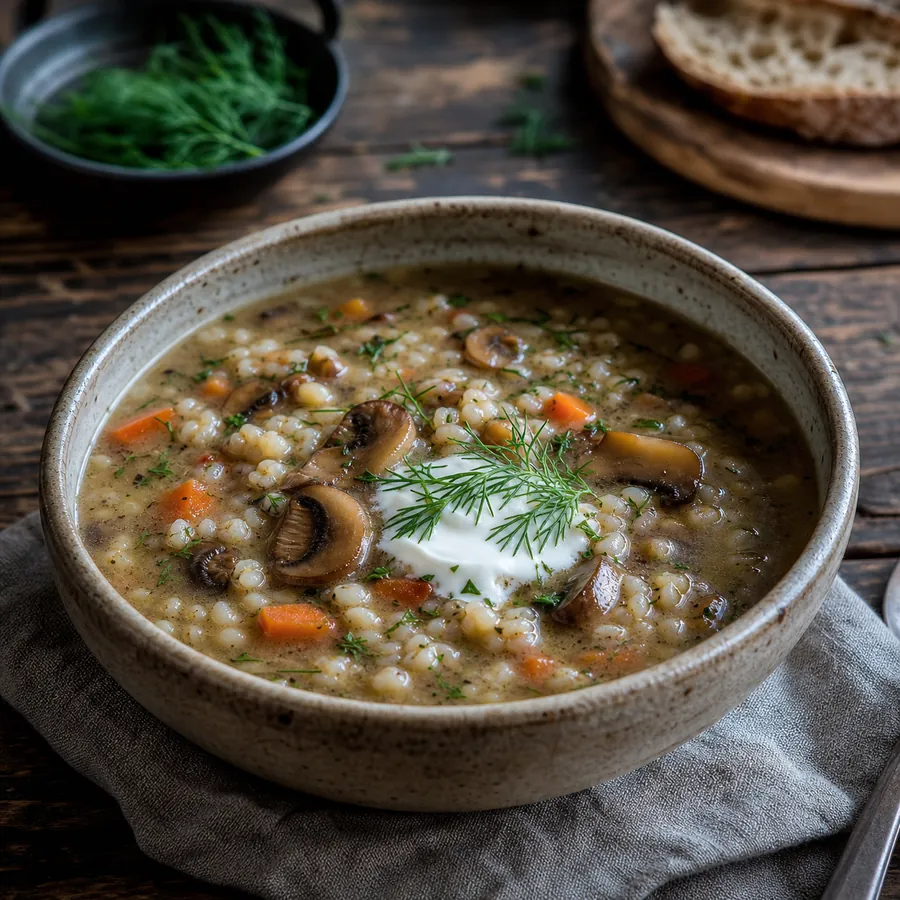 Estonian mushroom barley soup with dill