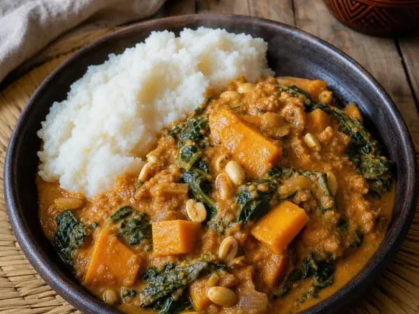Eswatini Sishwala Pumpkin Peanut Stew, plated as a finished dinner