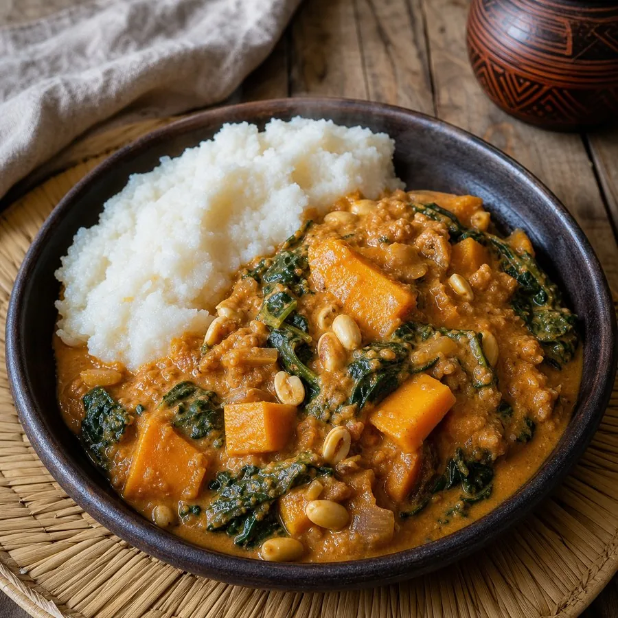 Eswatini Sishwala Pumpkin Peanut Stew, plated as a finished dinner