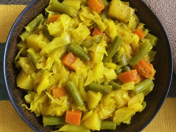 Ethiopian Atakilt Wat Cabbage Potato Stew with carrots and green beans