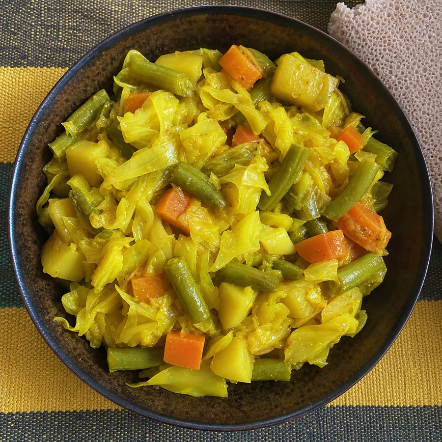 Ethiopian Atakilt Wat Cabbage Potato Stew with carrots and green beans