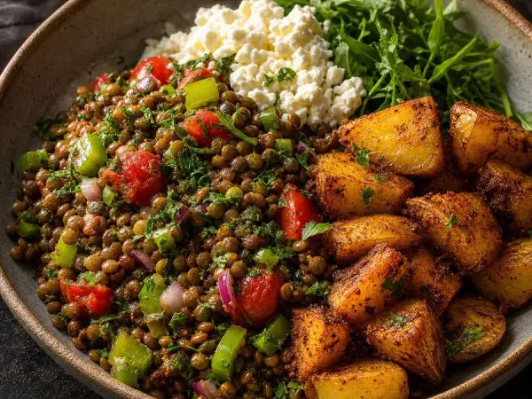 Ethiopian Azifa Lentil Salad with Berbere Potatoes, finished dinner