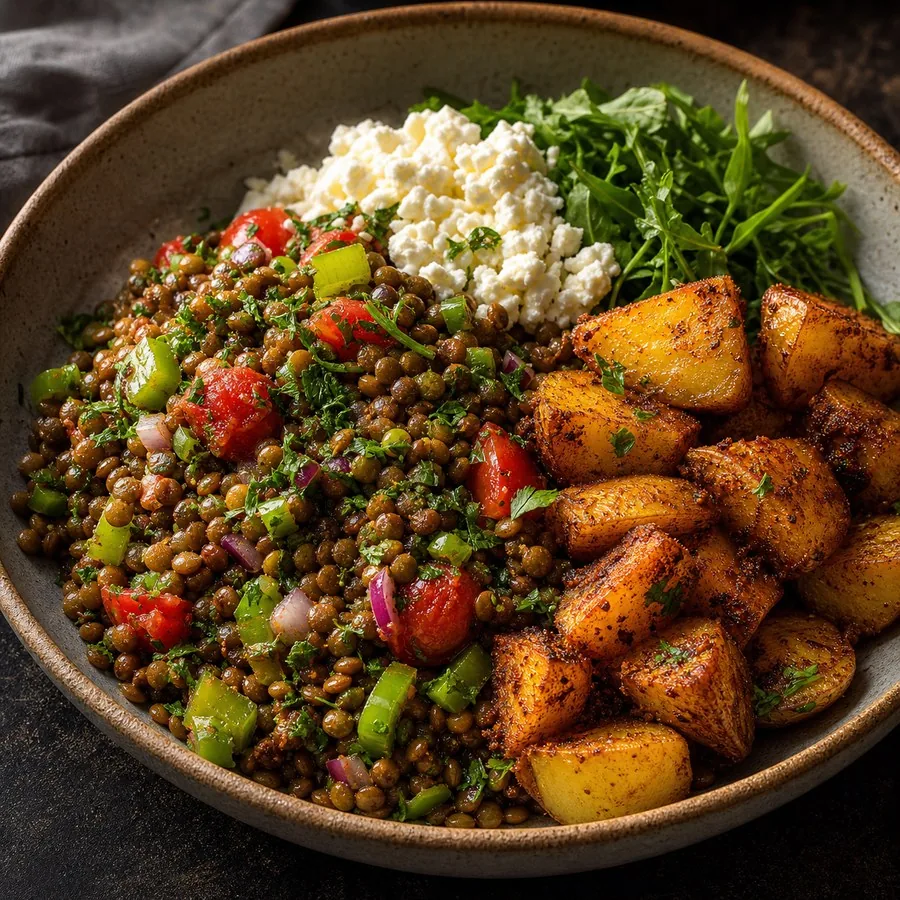 Ethiopian Azifa Lentil Salad with Berbere Potatoes, finished dinner