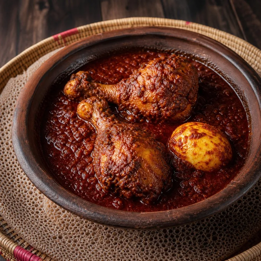 Ethiopian Doro Wat with hard-cooked eggs in a clay bowl