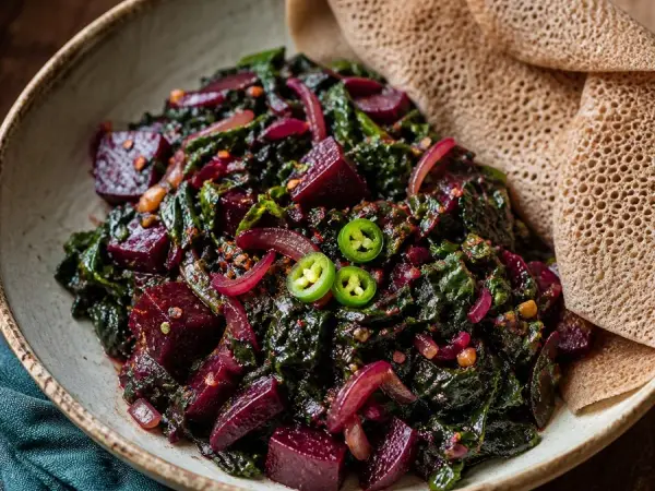 Ethiopian Gomen Beet Bowl, plated as a finished dinner