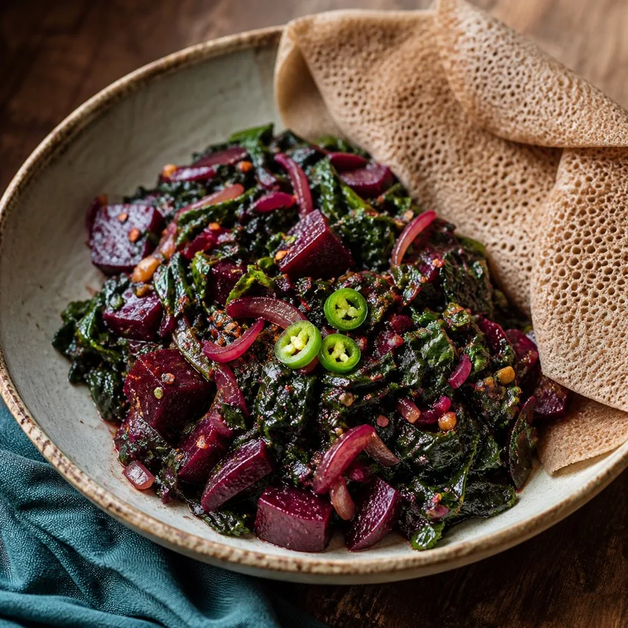 Ethiopian Gomen Beet Bowl, plated as a finished dinner