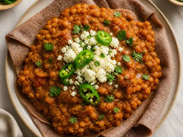 Ethiopian Misir Wat with Teff Flatbread, plated as a finished dinner