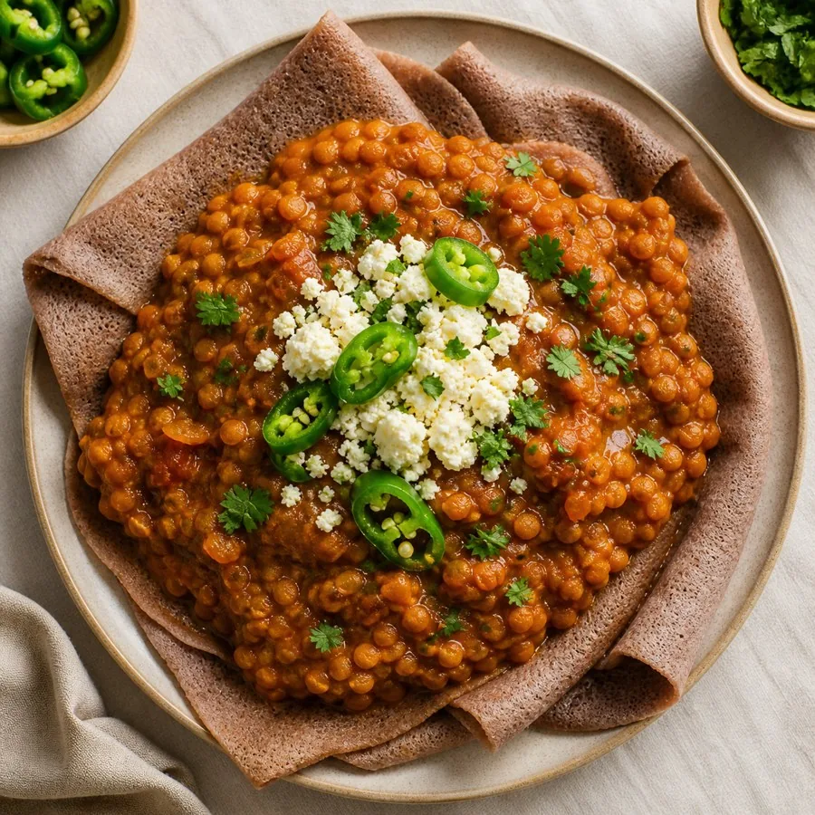 Ethiopian Misir Wat with Teff Flatbread, plated as a finished dinner