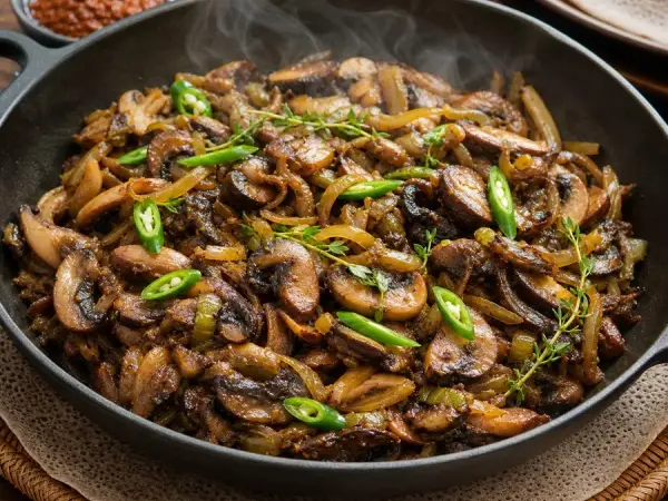 Ethiopian Mushroom Tibs Skillet, plated as a finished dinner