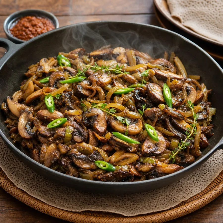 Ethiopian Mushroom Tibs Skillet, plated as a finished dinner
