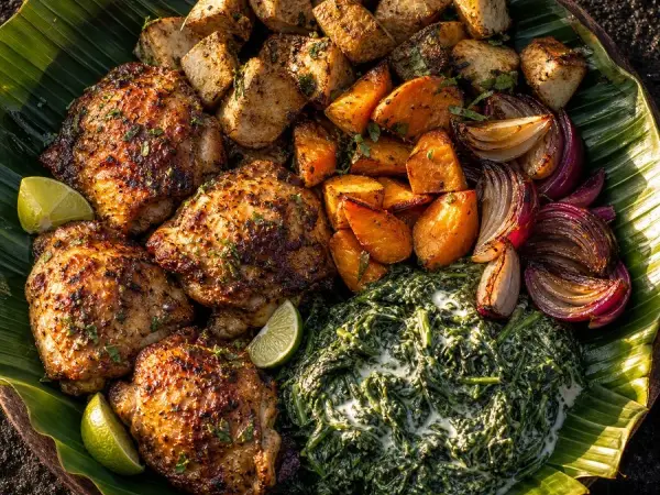 Coconut-roasted chicken with taro, sweet potato and greens