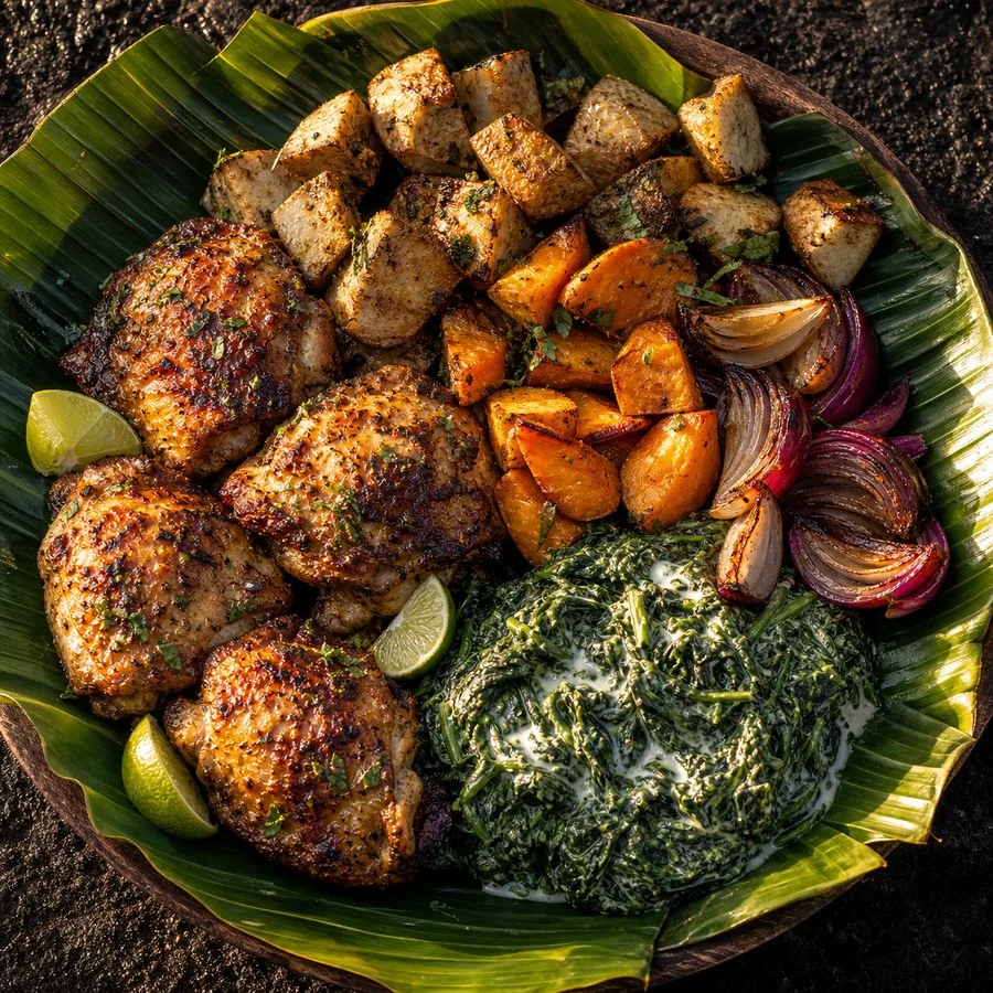 Coconut-roasted chicken with taro, sweet potato and greens