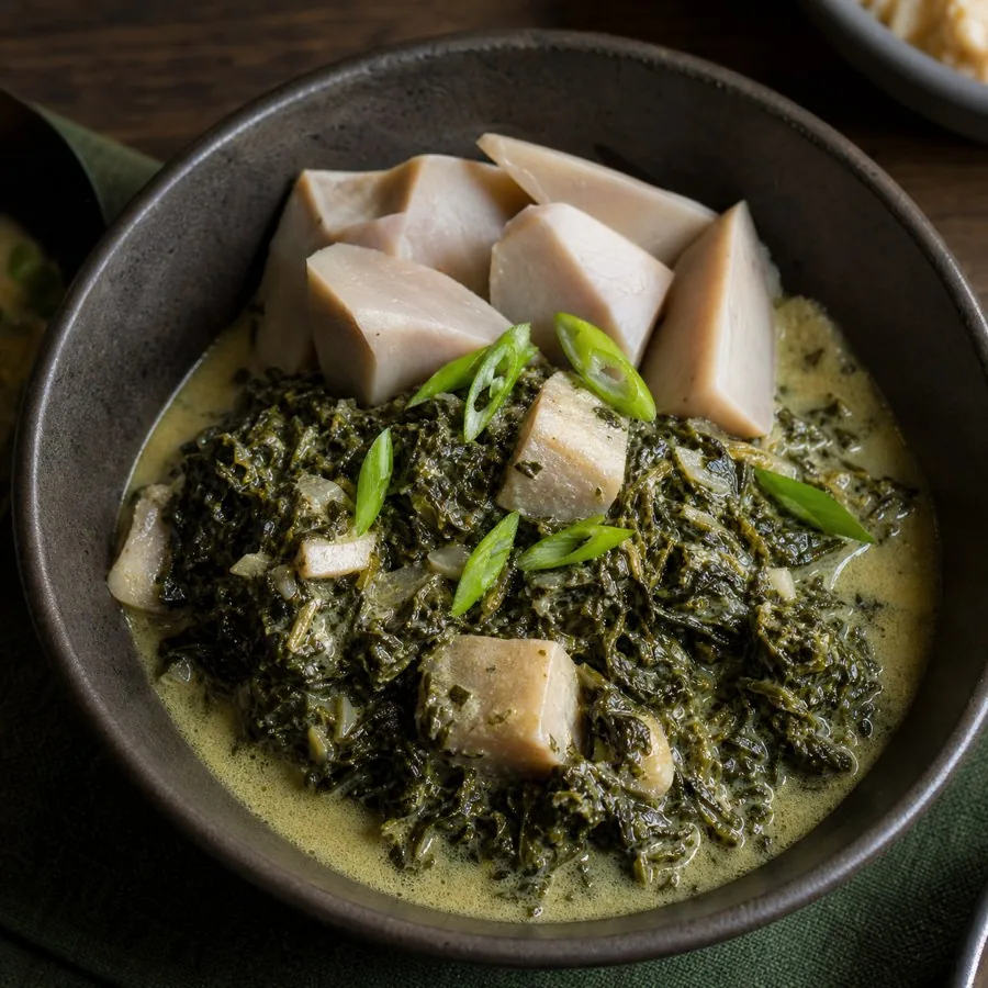 Fijian Rourou Coconut Taro Leaf Curry, plated as a finished dinner