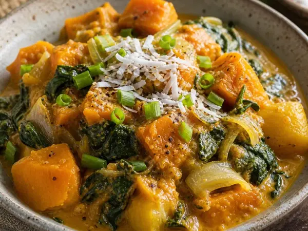 Fijian Vakalolo Savory Pumpkin Coconut Bowl, plated as a finished dinner