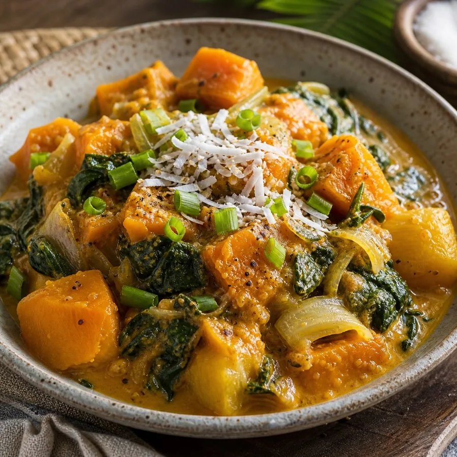 Fijian Vakalolo Savory Pumpkin Coconut Bowl, plated as a finished dinner