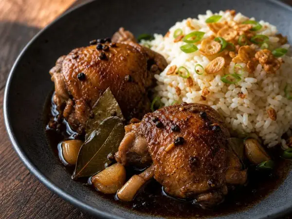 Glazed Filipino chicken adobo with garlic rice, scallions, and crisp garlic