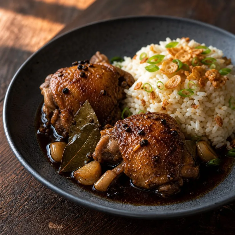 Glazed Filipino chicken adobo with garlic rice, scallions, and crisp garlic