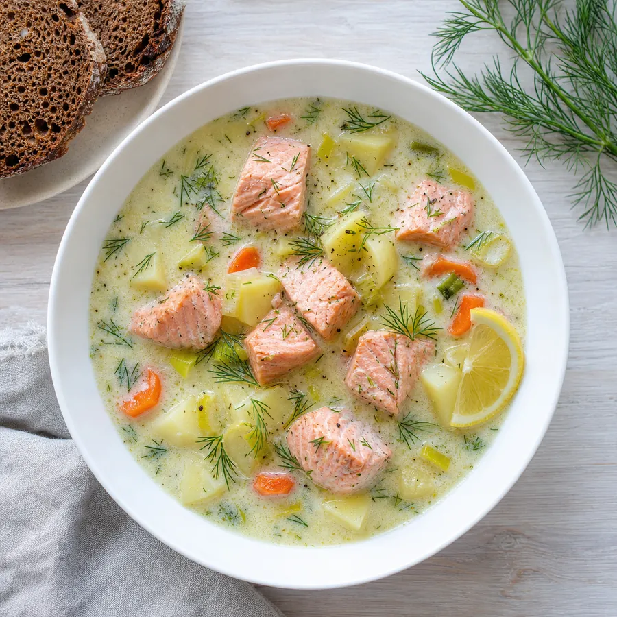 Finnish salmon potato soup with dill