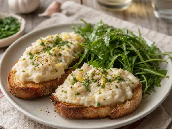 French Brandade White Bean Crostini, plated and ready to serve