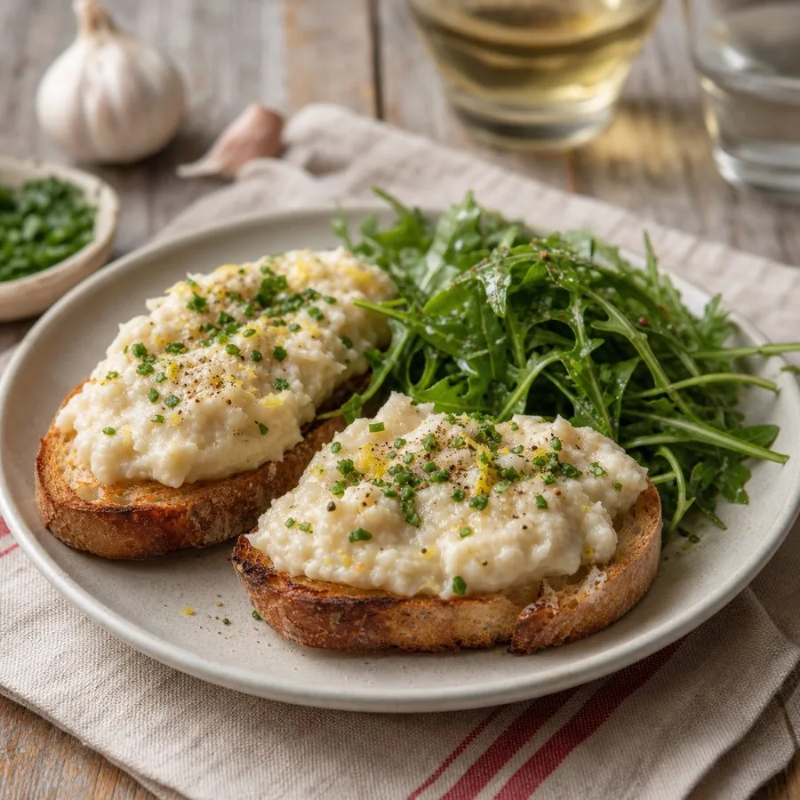 French Brandade White Bean Crostini, plated and ready to serve