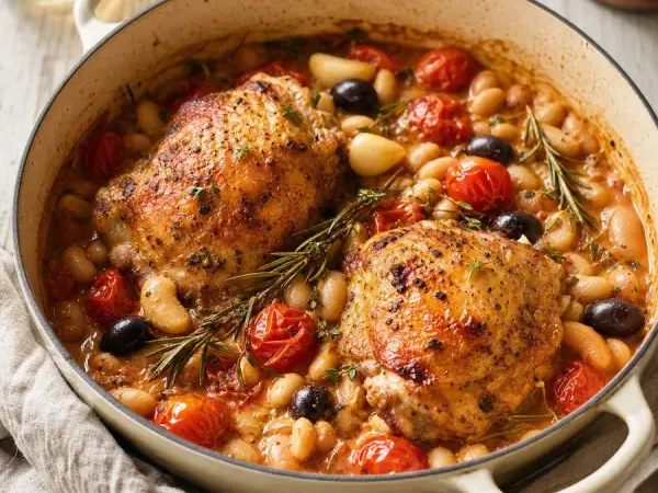 French chicken Provencal with white beans, cherry tomatoes, black olives, garlic, and herbs