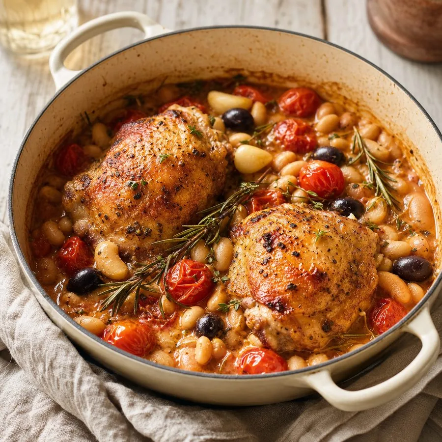 French chicken Provencal with white beans, cherry tomatoes, black olives, garlic, and herbs