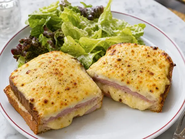 Croque monsieur sandwiches with melted Gruyere and green salad
