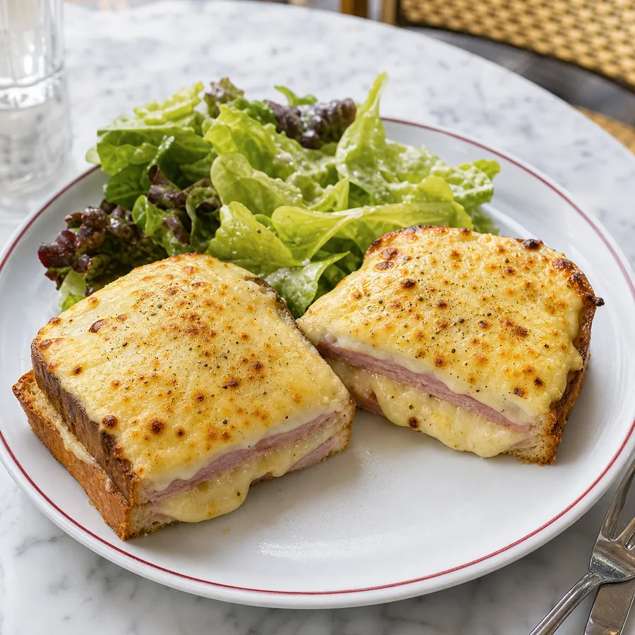 Croque monsieur sandwiches with melted Gruyere and green salad