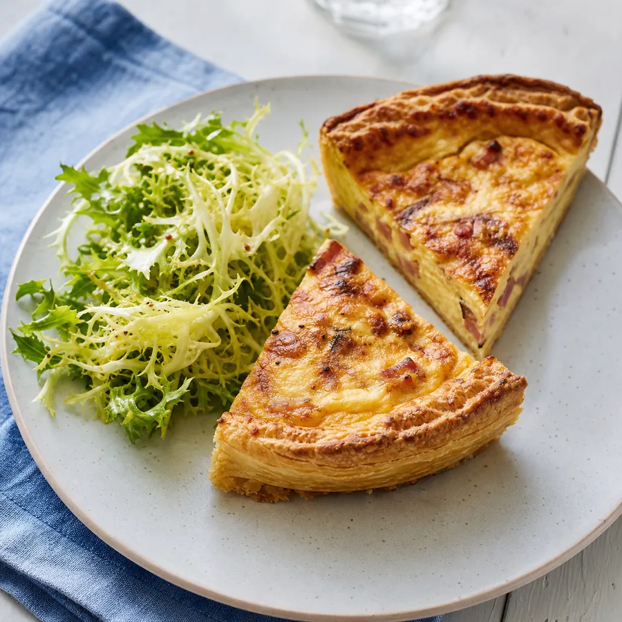 Quiche Lorraine slices with a crisp frisee salad