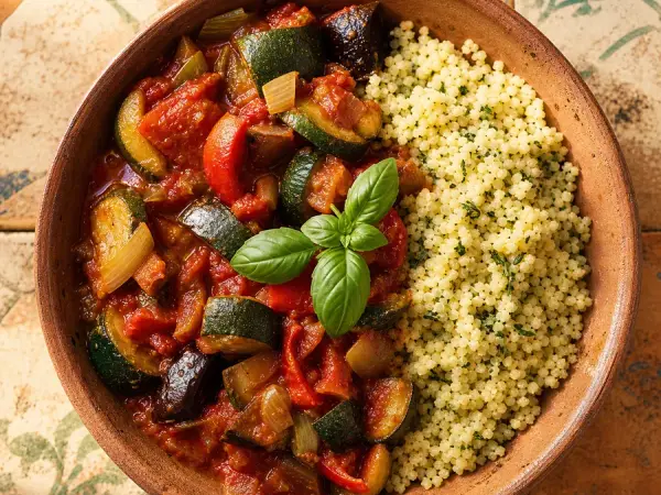 Tomato ratatouille with herbed couscous in a terracotta bowl