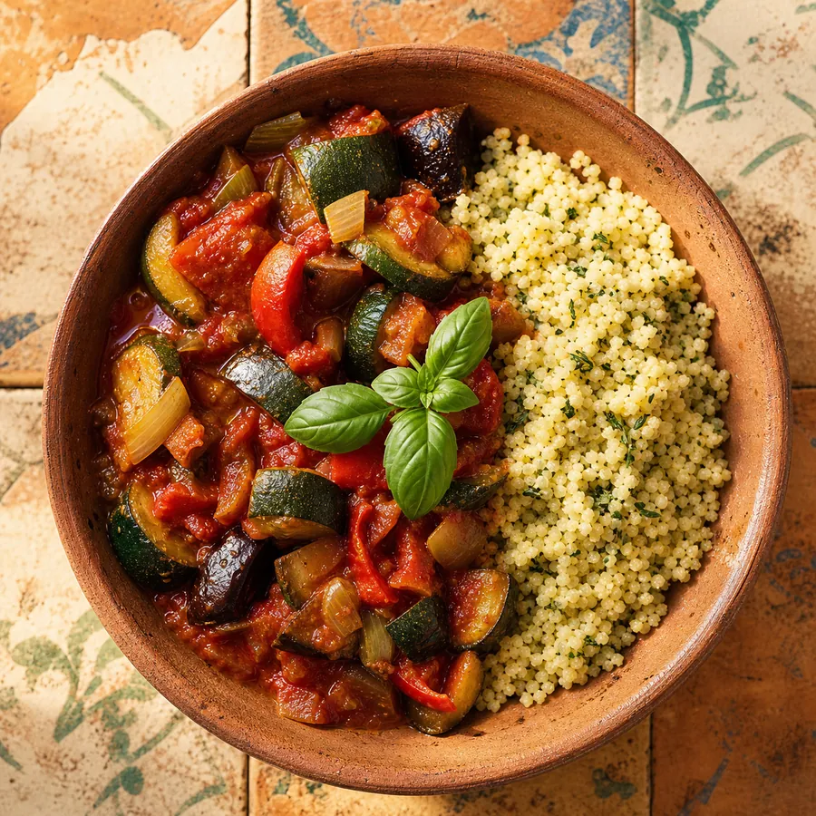 Tomato ratatouille with herbed couscous in a terracotta bowl